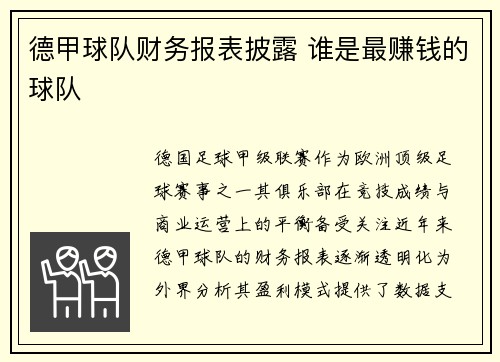 德甲球队财务报表披露 谁是最赚钱的球队