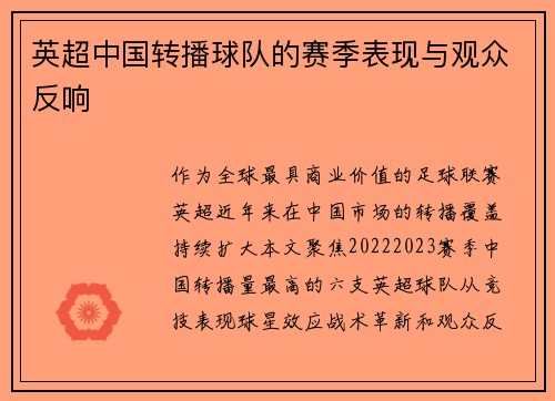 英超中国转播球队的赛季表现与观众反响